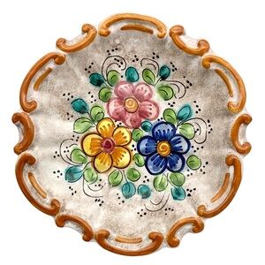 Italian Majolica Pottery Wall Plate Hand Painted Floral Ornate Border MCM Italy
